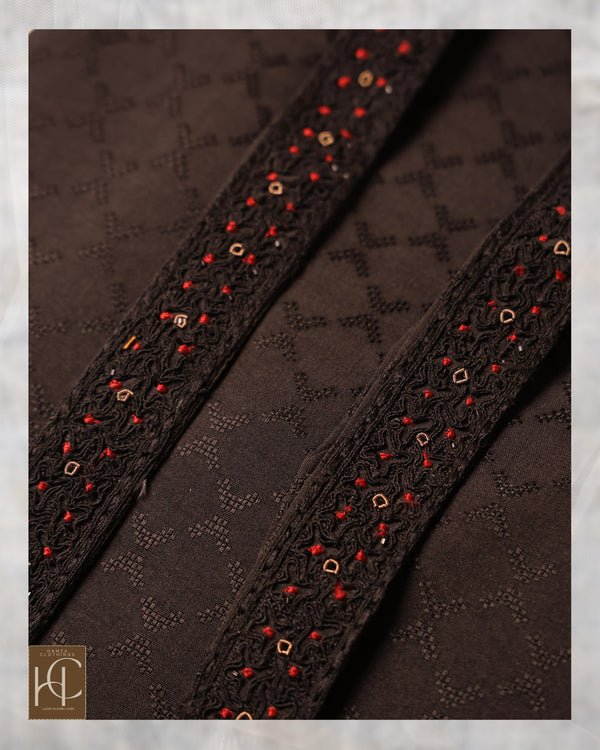 Yamni Black Premium Embroidered Unstitched Kurta Pajama for men Set