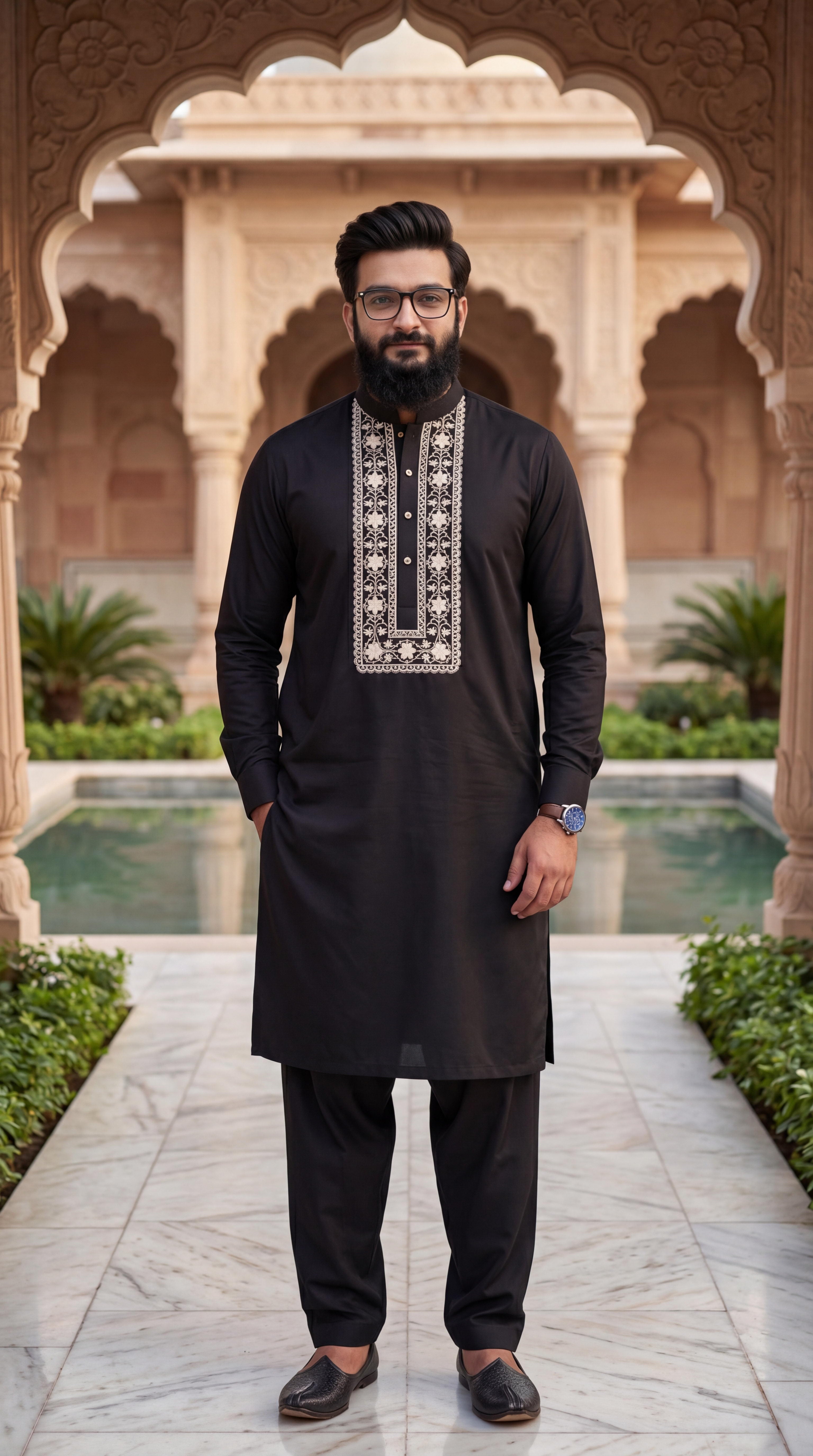 Taimoor kurta pajama for men - Black Resham Embroidery Collection