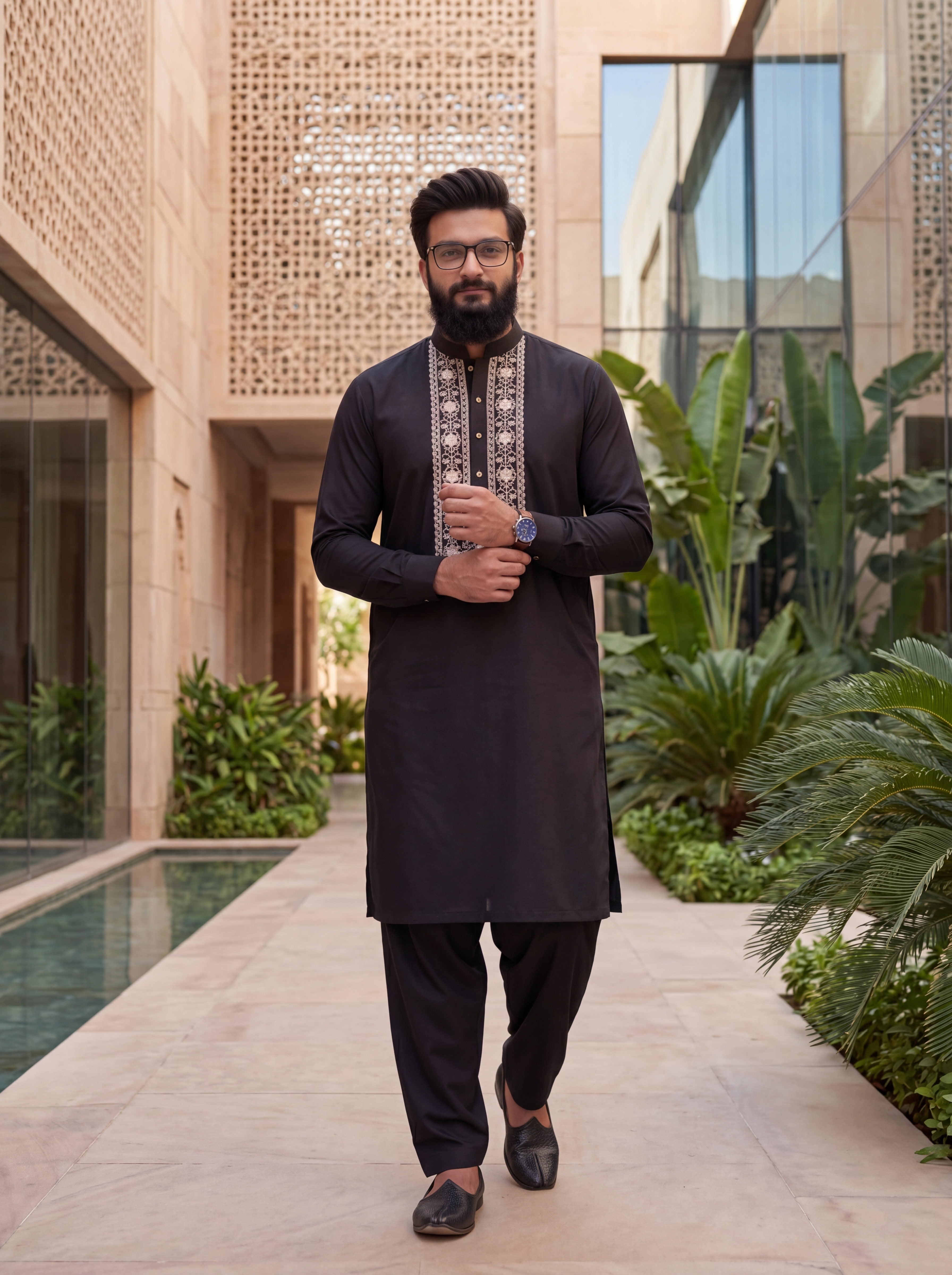 Taimoor kurta pajama for men - Black Resham Embroidery Collection