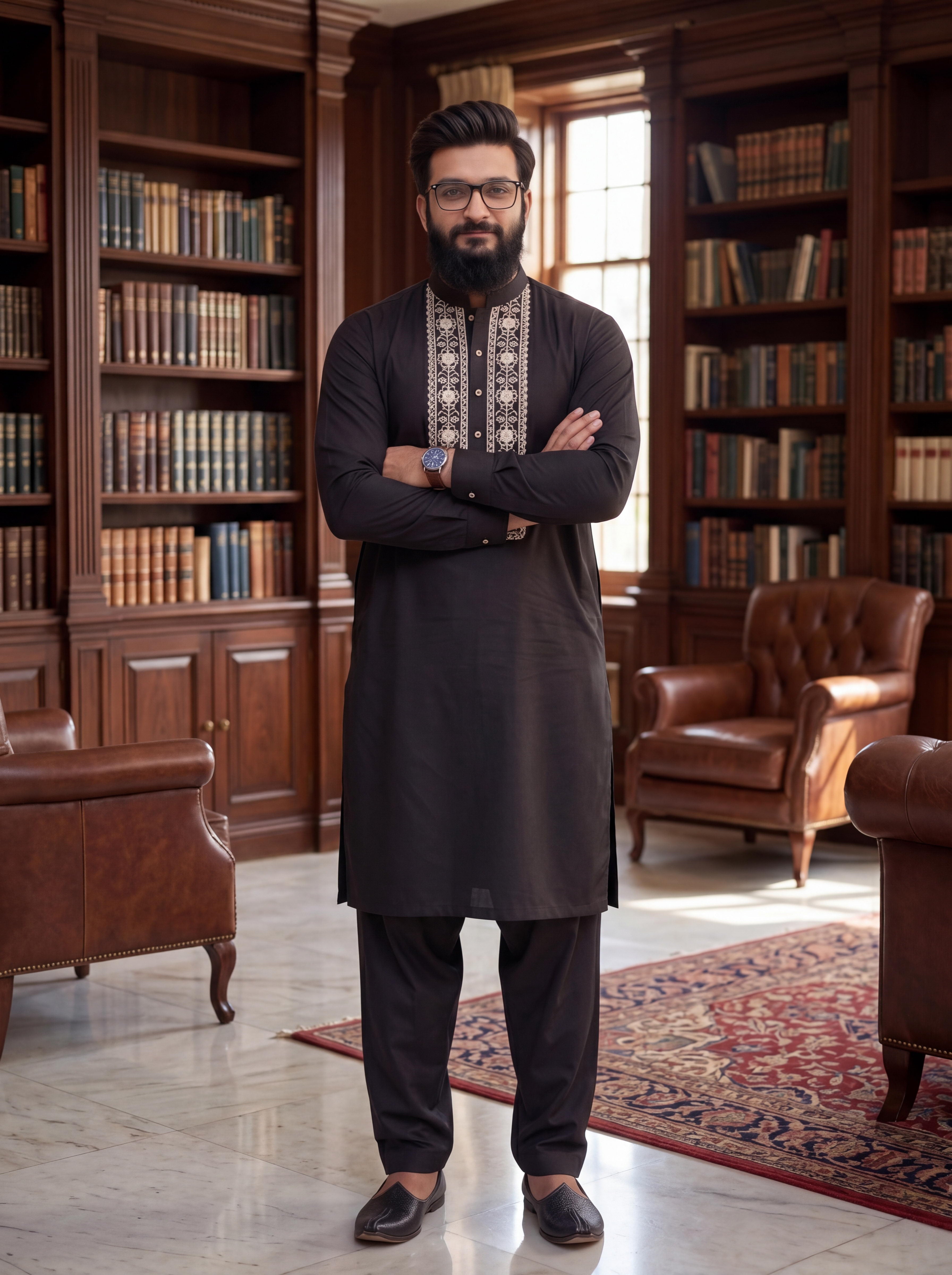 Taimoor kurta pajama for men - Black Resham Embroidery Collection